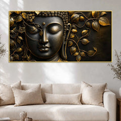 Serene Buddha Face with Golden Leaves Metallic Look 3D Canvas Wall Painting