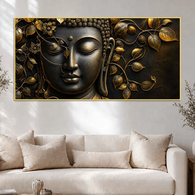Serene Buddha Face with Golden Leaves Metallic Look 3D Canvas Wall Painting
