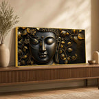 Serene Buddha Face with Golden Leaves Metallic Look 3D Canvas Wall Painting