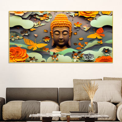 Serene Buddha Wall Canvas Painting with Floral & Butterfly Design