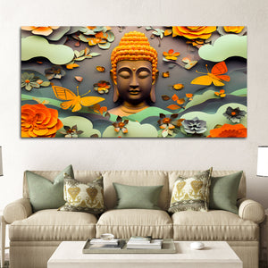Serene Buddha Wall Canvas Painting with Floral & Butterfly Design