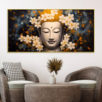 Serene Buddha Wall Painting with White Flowers