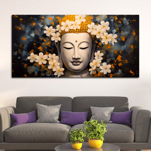 Serene Buddha Wall Painting with White Flowers