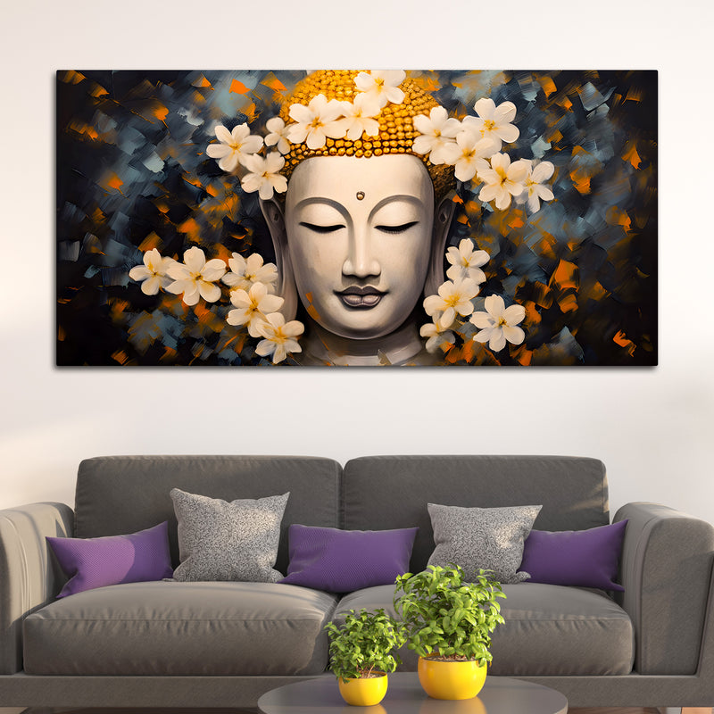 Serene Buddha Wall Painting with White Flowers