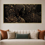 Serene Buddha with Lotus & Temple Black Gold Metallic Look 3D Canvas Wall Painting