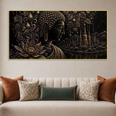 Serene Buddha with Lotus & Temple Black Gold Metallic Look 3D Canvas Wall Painting