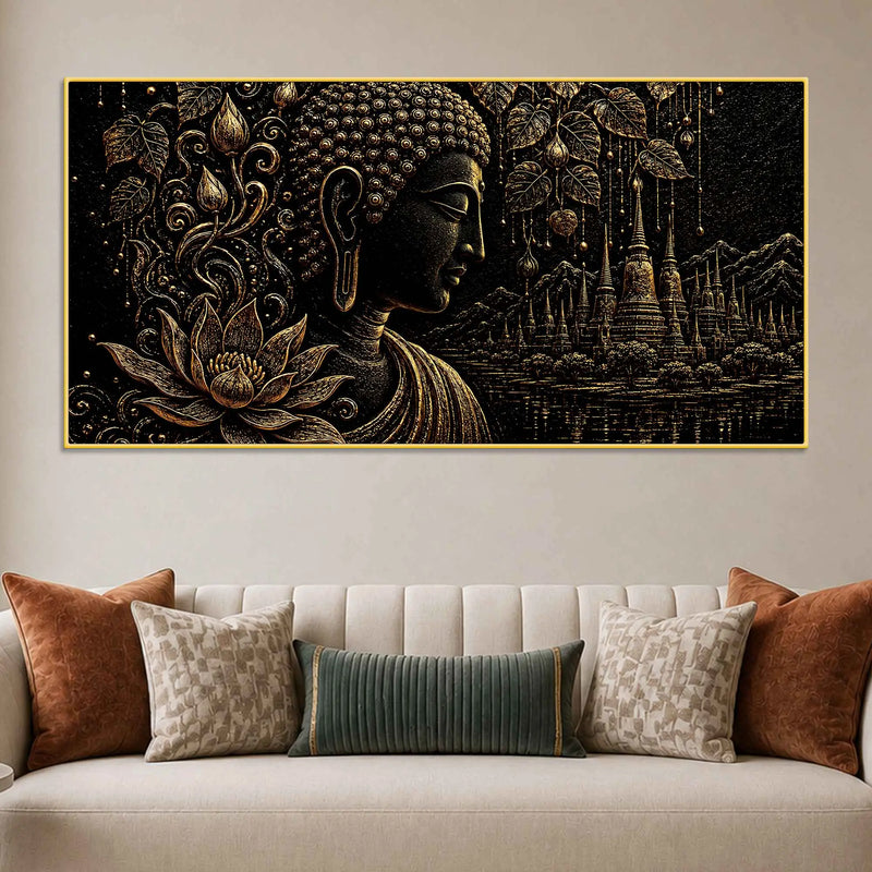 Serene Buddha with Lotus & Temple Black Gold Metallic Look 3D Canvas Wall Painting