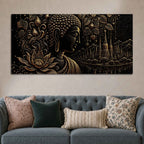Serene Buddha with Lotus & Temple Black Gold Metallic Look 3D Canvas Wall Painting