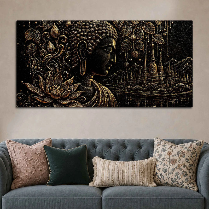 Serene Buddha with Lotus & Temple Black Gold Metallic Look 3D Canvas Wall Painting