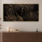 Serene Buddha with Lotus & Temple Black Gold Metallic Look 3D Canvas Wall Painting