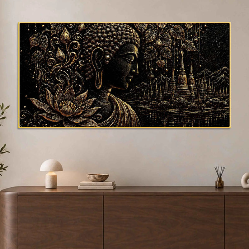 Serene Buddha with Lotus & Temple Black Gold Metallic Look 3D Canvas Wall Painting