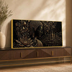 Serene Buddha with Lotus & Temple Black Gold Metallic Look 3D Canvas Wall Painting