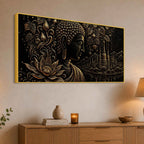 Serene Buddha with Lotus & Temple Black Gold Metallic Look 3D Canvas Wall Painting