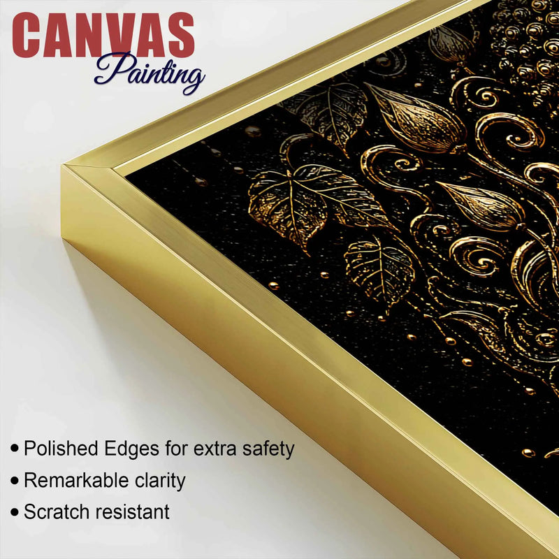 Serene Buddha with Lotus & Temple Black Gold Metallic Look 3D Canvas Wall Painting