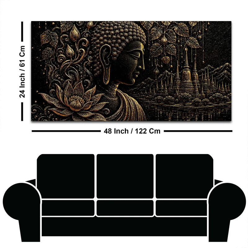 Serene Buddha with Lotus & Temple Black Gold Metallic Look 3D Canvas Wall Painting