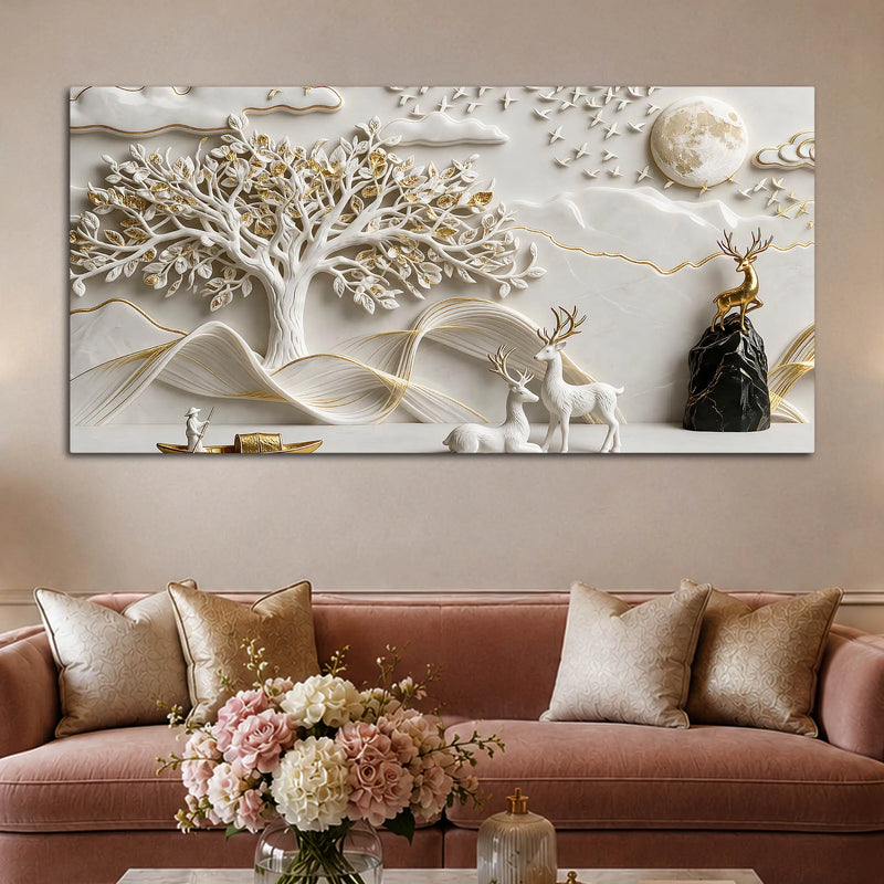 Serene Deer Family Under Full Moon 3D Canvas Wall Painting