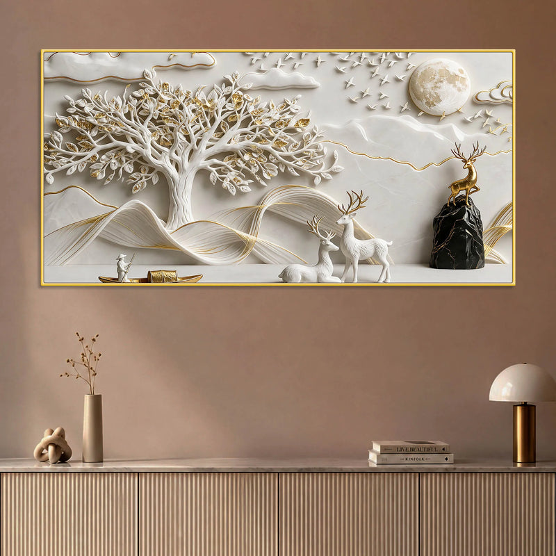 Serene Deer Family Under Full Moon 3D Canvas Wall Painting
