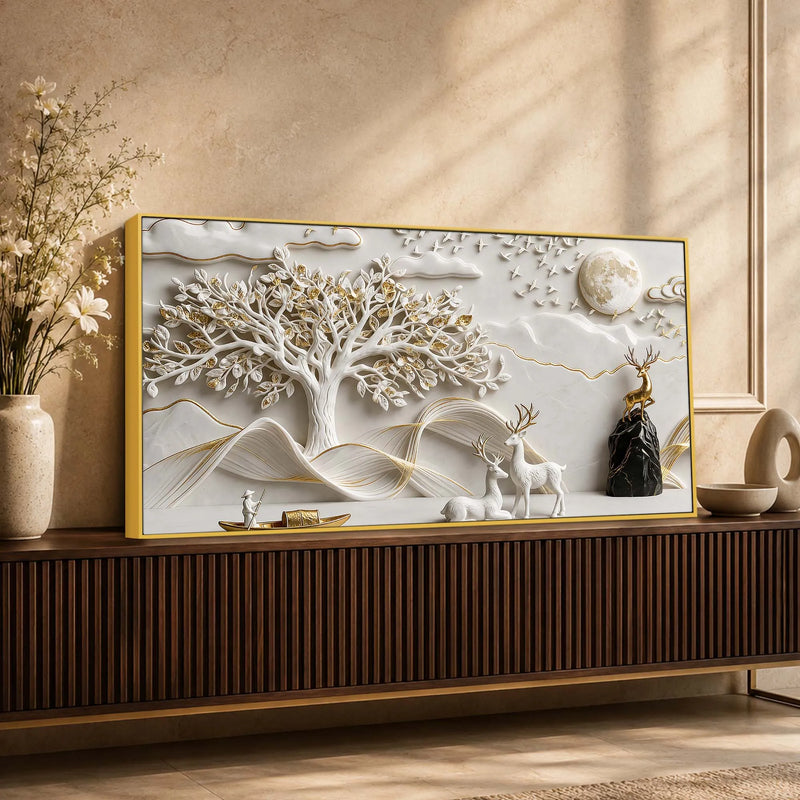Serene Deer Family Under Full Moon 3D Canvas Wall Painting