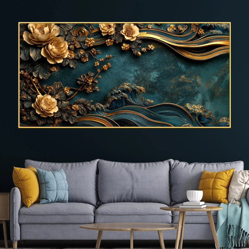 Serene Golden Blossoms and Tranquil Ocean Waves 3D Canvas Wall Painting