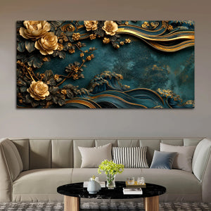 Serene Golden Blossoms and Tranquil Ocean Waves 3D Canvas Wall Painting