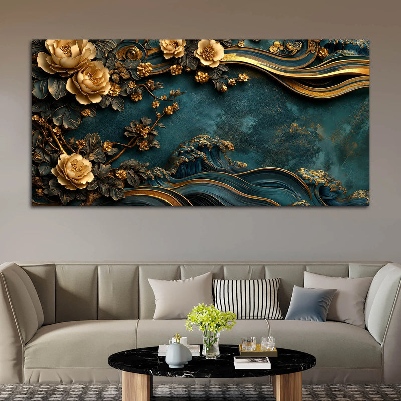Serene Golden Blossoms and Tranquil Ocean Waves 3D Canvas Wall Painting