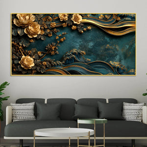 Serene Golden Blossoms and Tranquil Ocean Waves 3D Canvas Wall Painting