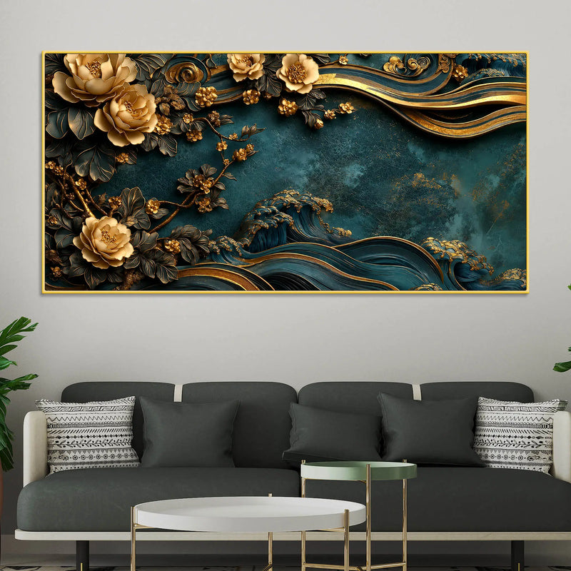 Serene Golden Blossoms and Tranquil Ocean Waves 3D Canvas Wall Painting