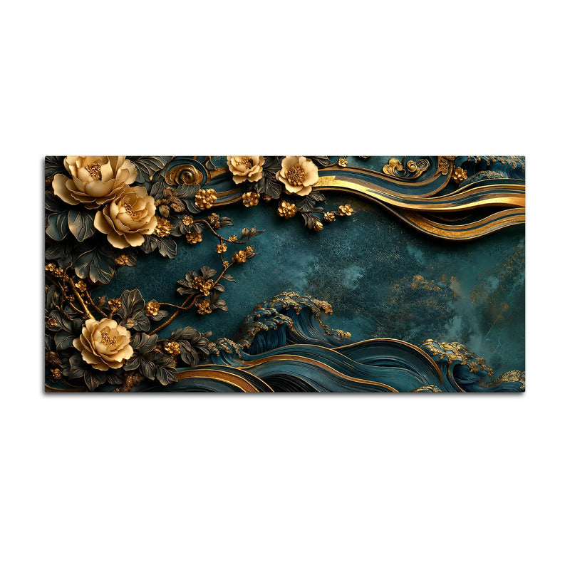 Serene Golden Blossoms and Tranquil Ocean Waves 3D Canvas Wall Painting