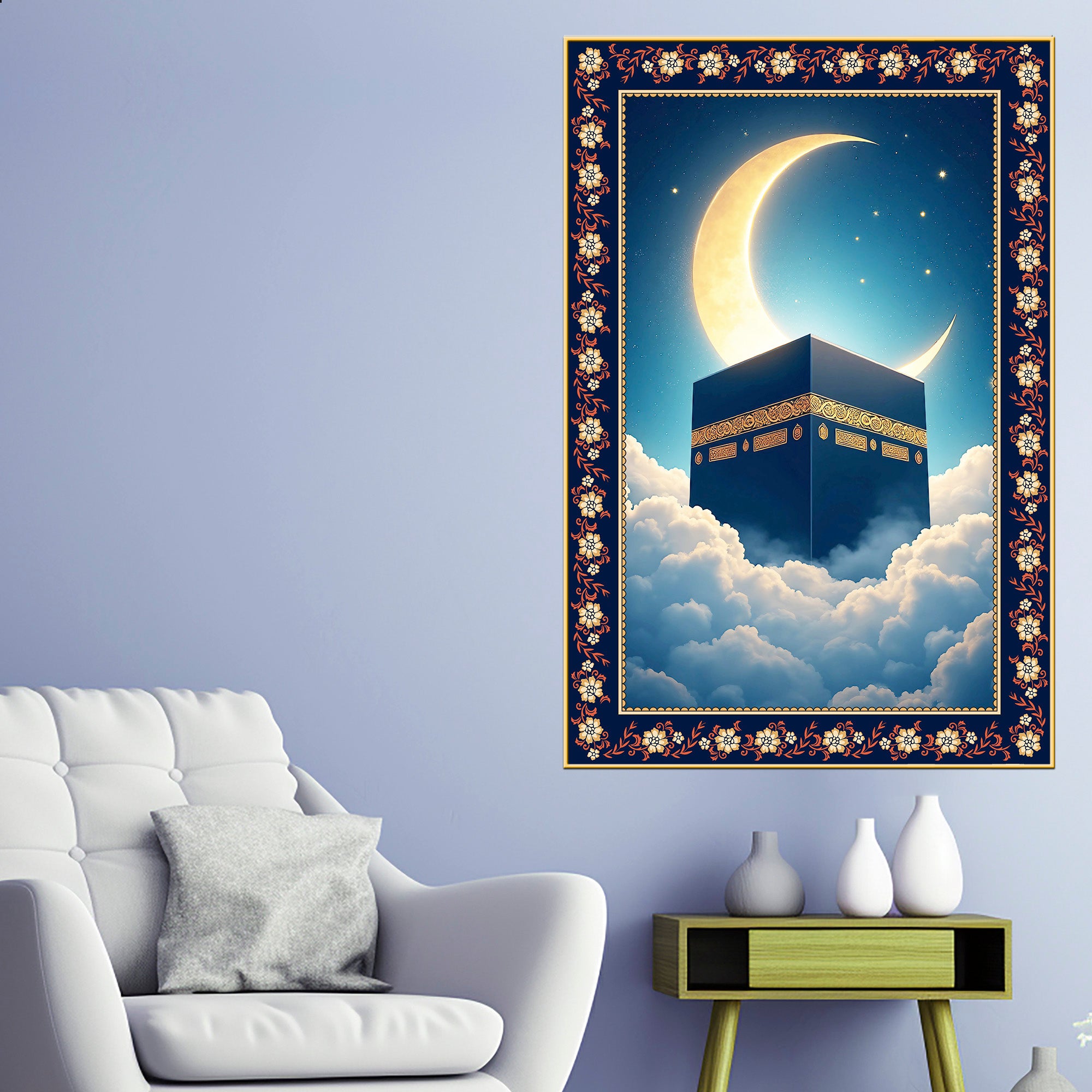Serene Kaaba Black Cube Floral Border Vertical Wall Painting