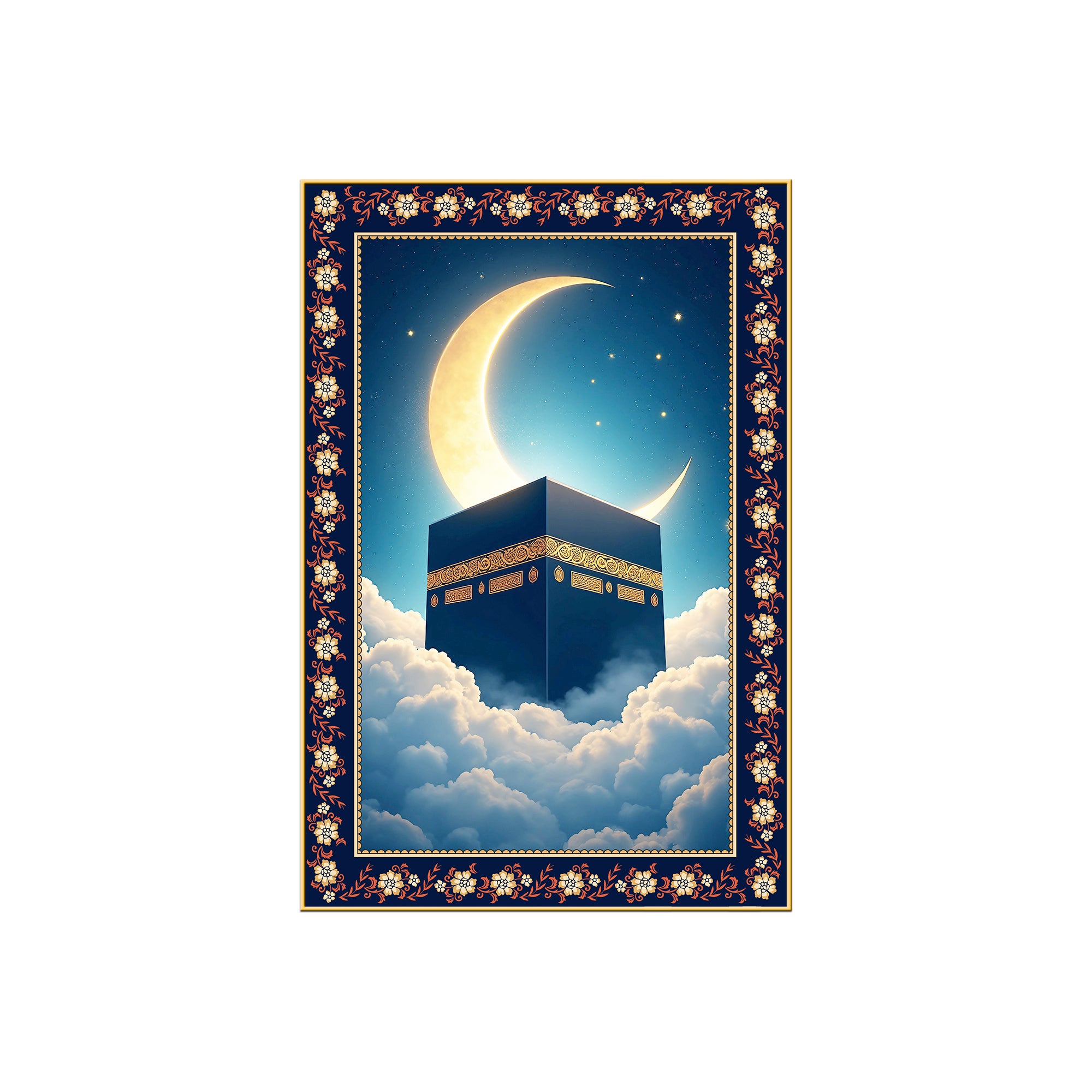 Serene Kaaba Black Cube Floral Border Vertical Wall Painting