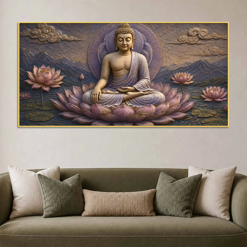 Serene Lord Buddha on Lotus 3D Bas-Relief Type Canvas Wall Painting