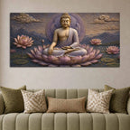 Serene Lord Buddha on Lotus 3D Bas-Relief Type Canvas Wall Painting