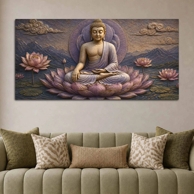 Serene Lord Buddha on Lotus 3D Bas-Relief Type Canvas Wall Painting