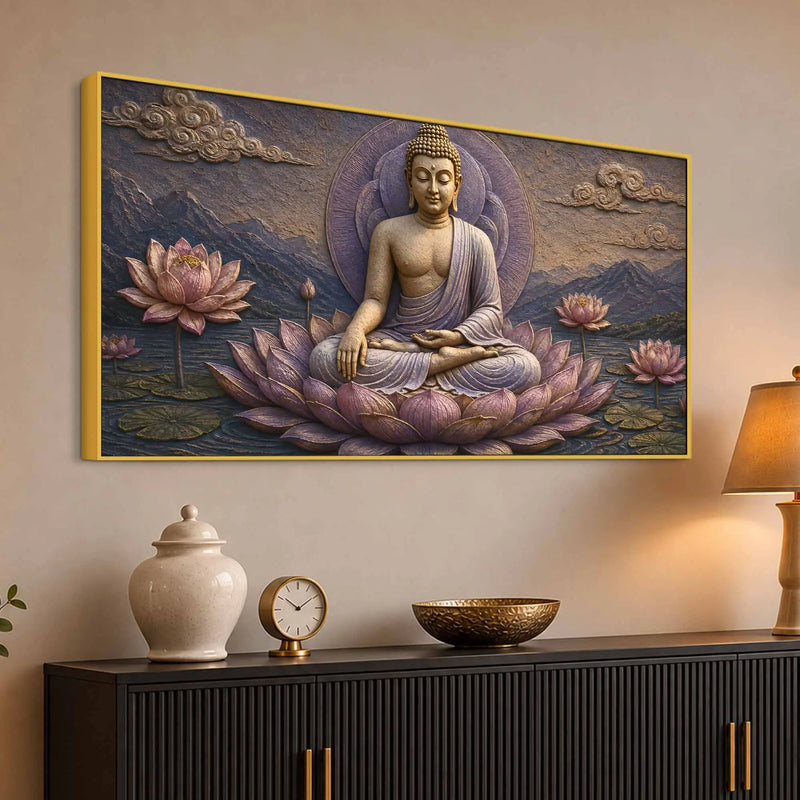 Serene Lord Buddha on Lotus 3D Bas-Relief Type Canvas Wall Painting