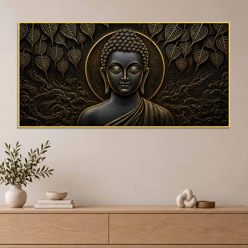 Serene Lord Buddha Under Bodhi Tree Metallic Look 3D Canvas Wall Painting