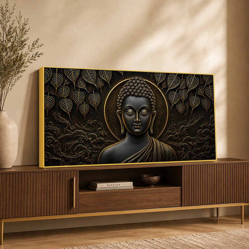 Serene Lord Buddha Under Bodhi Tree Metallic Look 3D Canvas Wall Painting