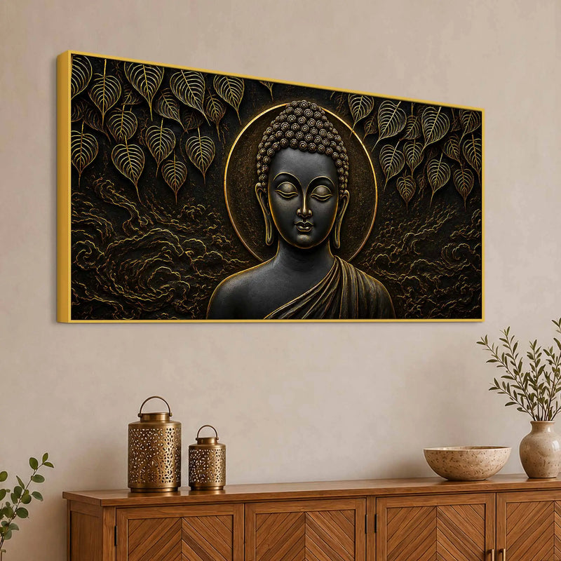 Serene Lord Buddha Under Bodhi Tree Metallic Look 3D Canvas Wall Painting
