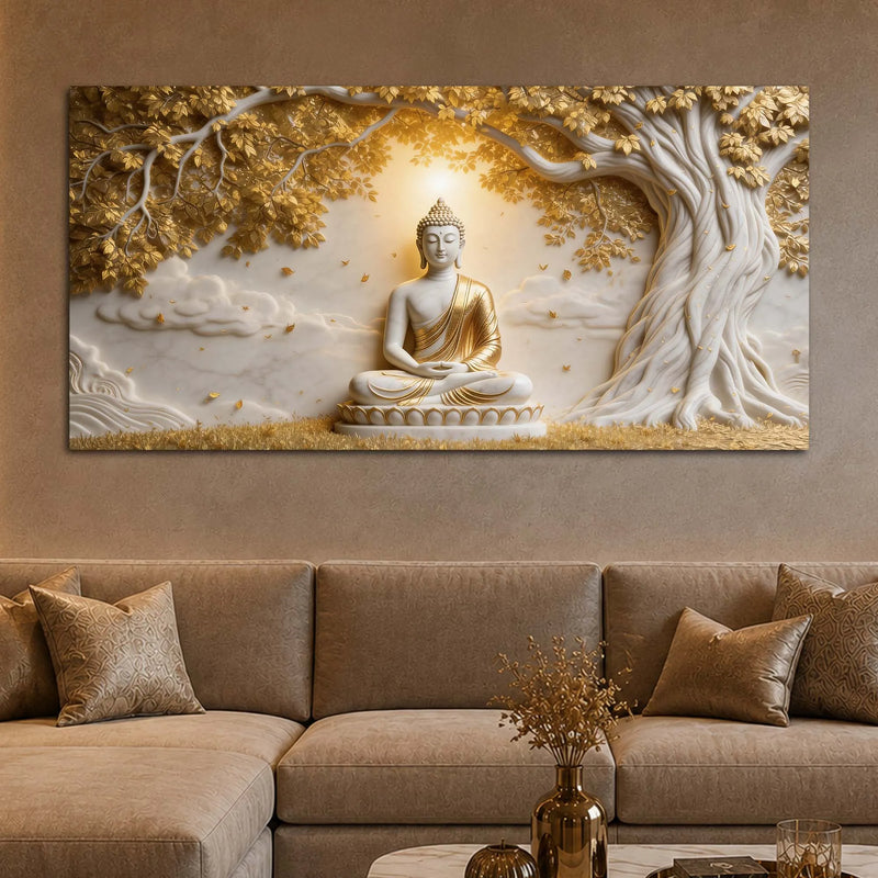 Serene Lord Buddha Under Golden Bodhi Tree 3D Canvas Wall Painting