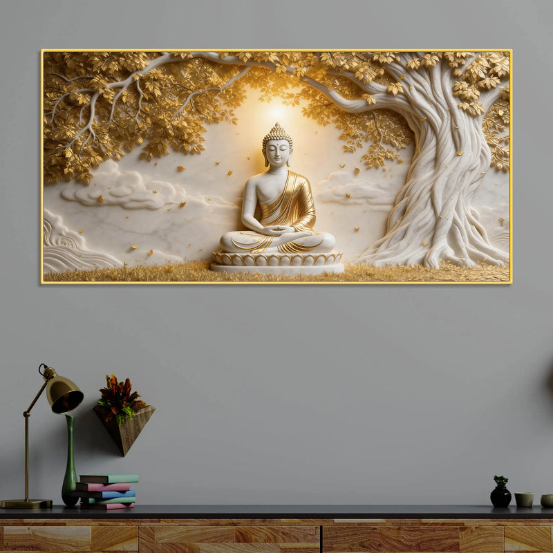 Serene Lord Buddha Under Golden Bodhi Tree 3D Canvas Wall Painting