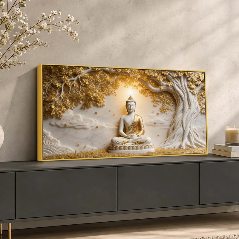 Serene Lord Buddha Under Golden Bodhi Tree 3D Canvas Wall Painting