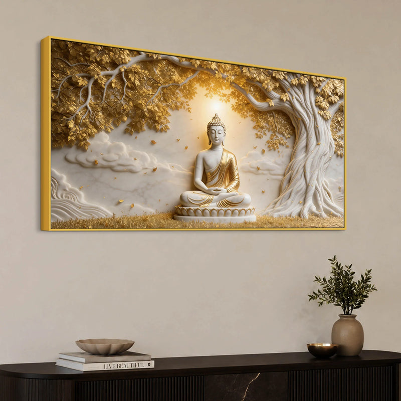 Serene Lord Buddha Under Golden Bodhi Tree 3D Canvas Wall Painting