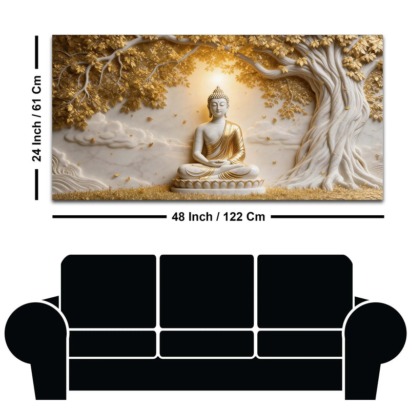 Serene Lord Buddha Under Golden Bodhi Tree 3D Canvas Wall Painting