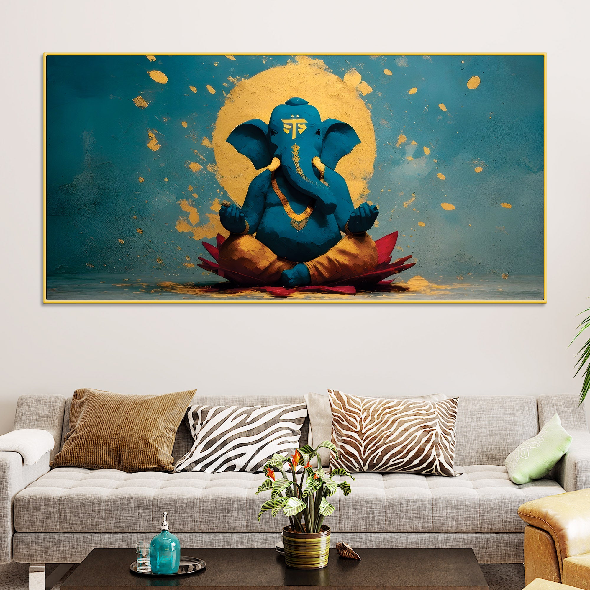 Serene Lord Shri Ganesh Sitted Peacefully in Meditation Creative Canvas Wall Painting for Home & Office Decor – Modern Devotional Wall Art