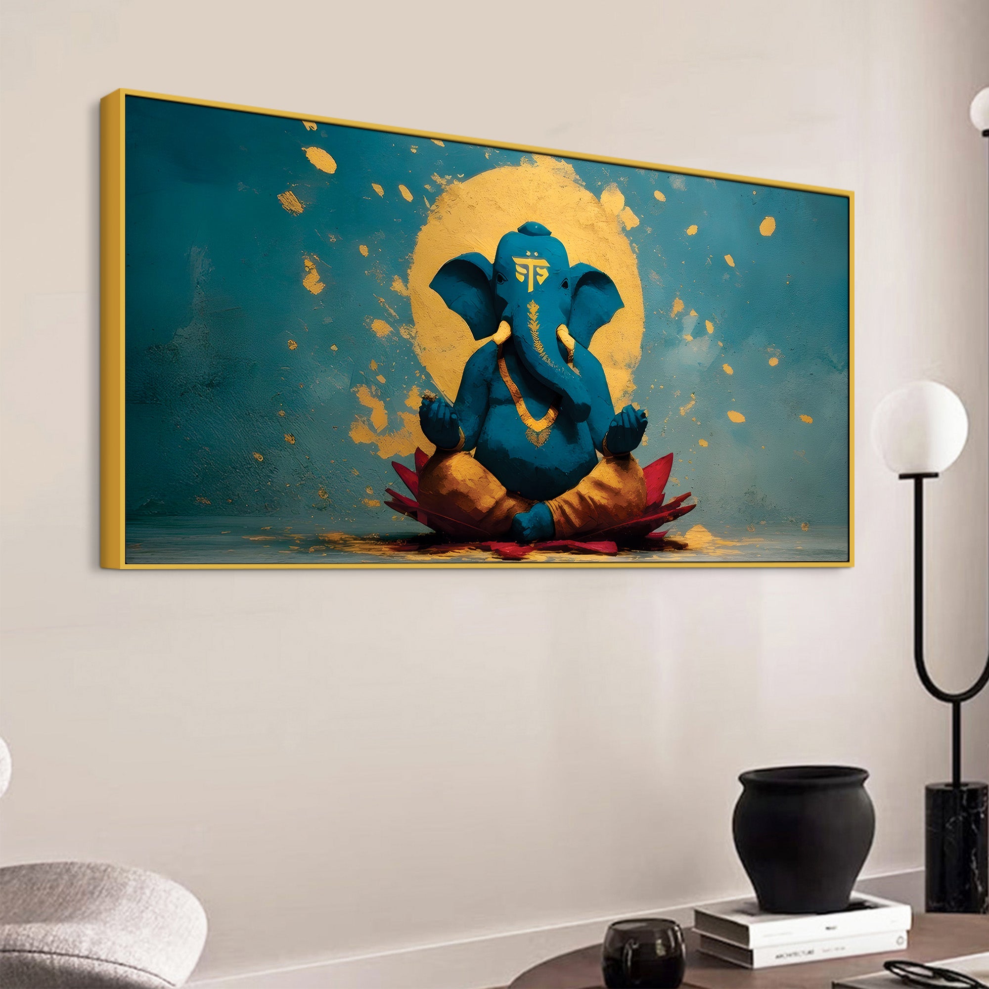Serene Lord Shri Ganesh Sitted Peacefully in Meditation Creative Canvas Wall Painting for Home & Office Decor – Modern Devotional Wall Art