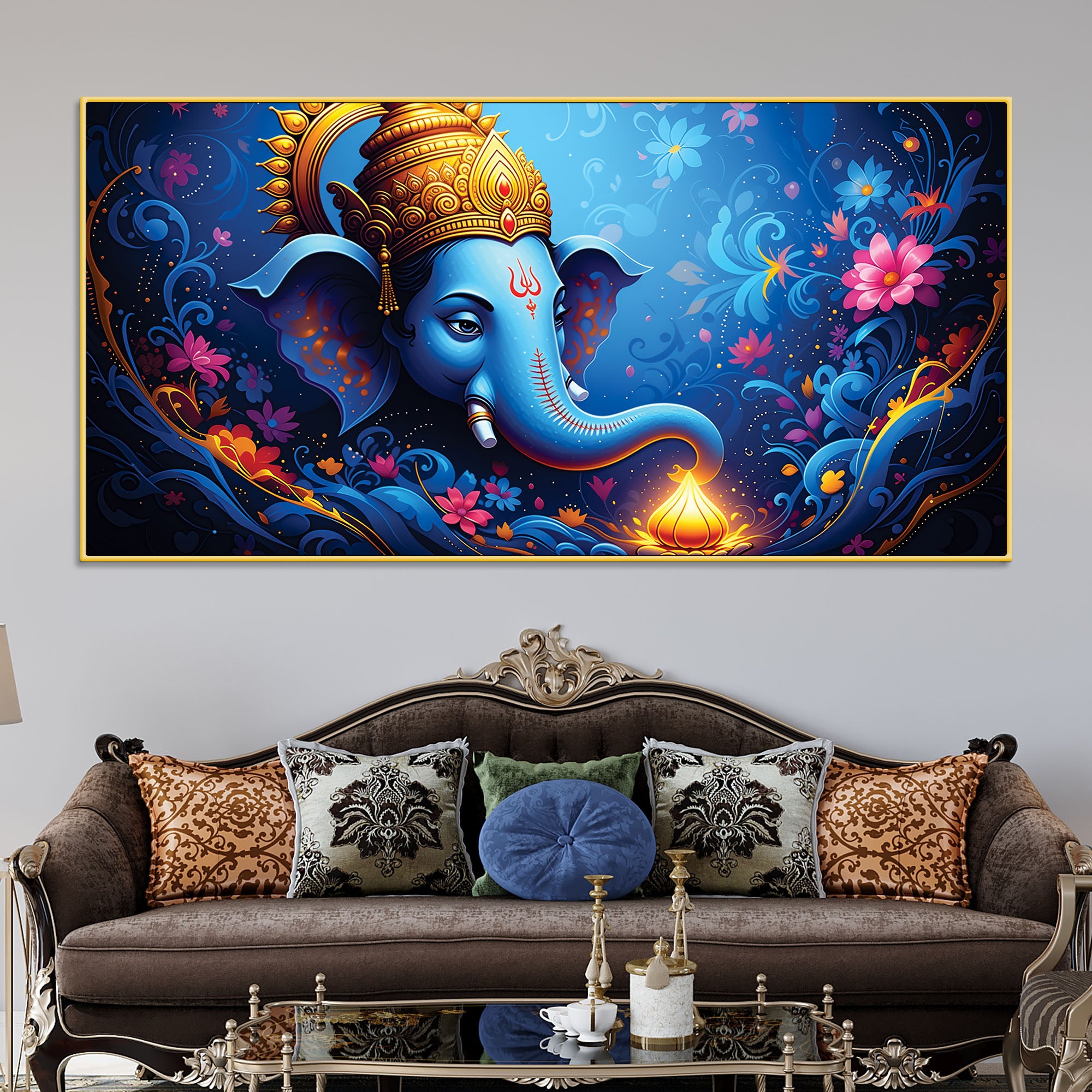 serene-lord-shri-ganesha-blue-floral-themed-canvas-wall-painting-for