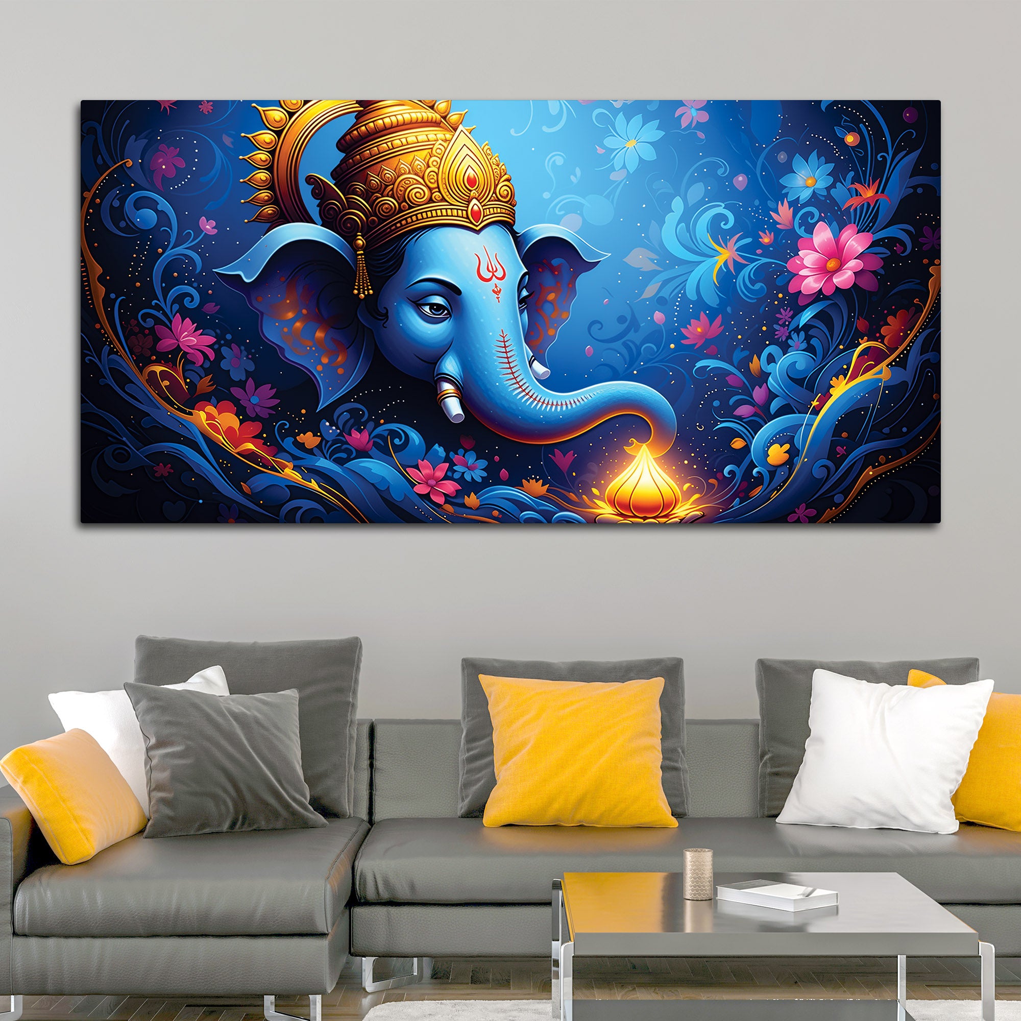 Serene Lord Shri Ganesha Blue Floral Themed Canvas Wall Painting for Home & Office – Luxury Spiritual Decor