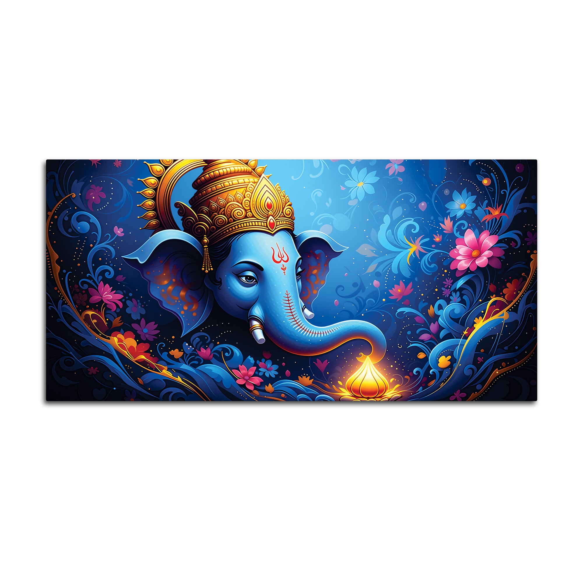 Serene Lord Shri Ganesha Blue Floral Themed Canvas Wall Painting for Home & Office – Luxury Spiritual Decor