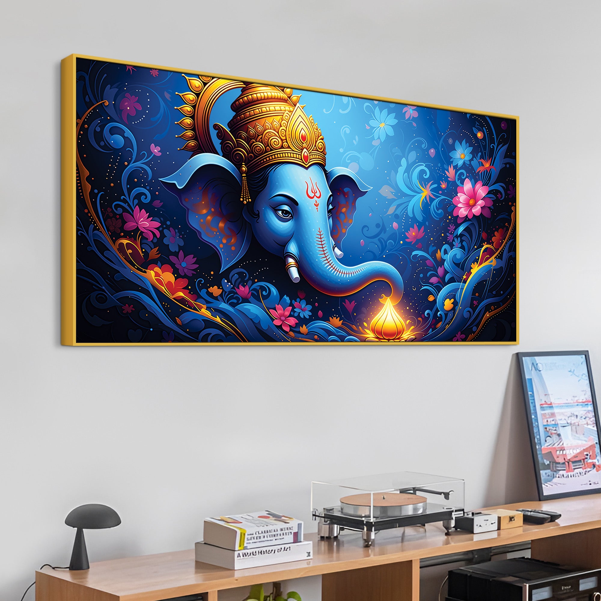 Serene Lord Shri Ganesha Blue Floral Themed Canvas Wall Painting for Home & Office – Luxury Spiritual Decor