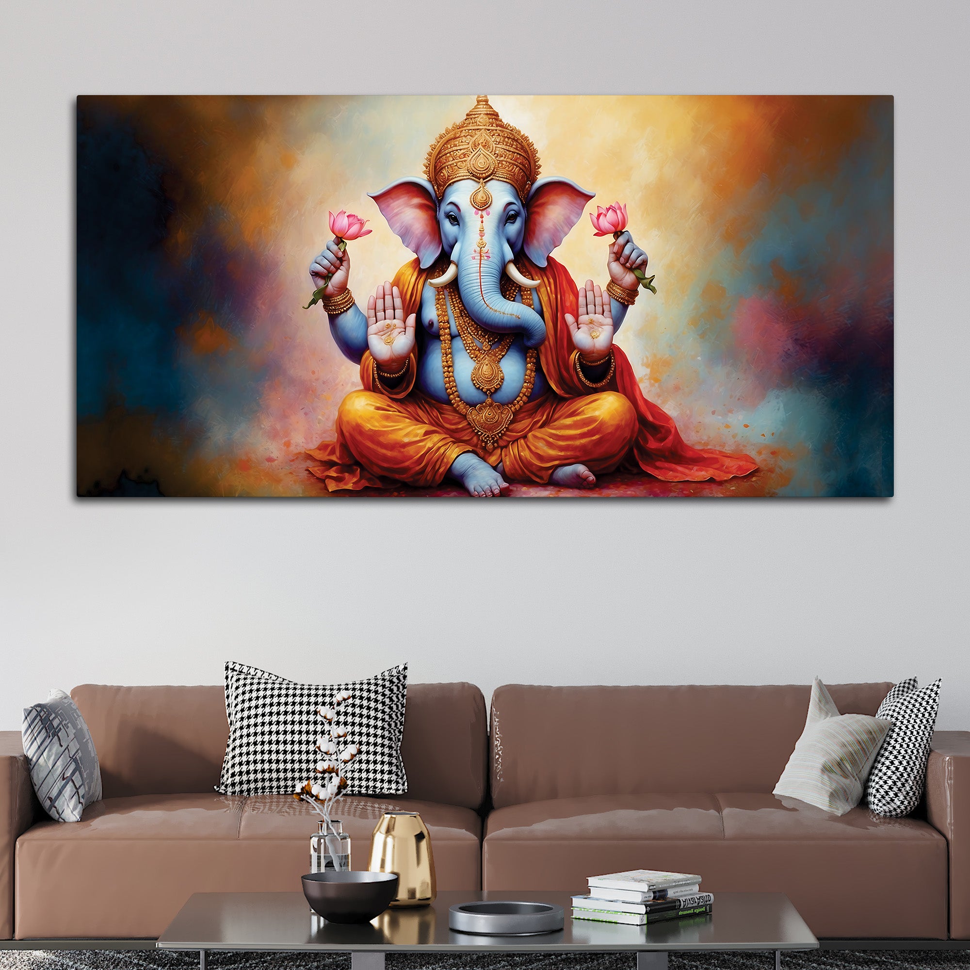 Serene Lord Shri Ganesha Giving Blessings Portrait Wall Painting for Home Interior – Modern Devotional Canvas Wall Art for Home