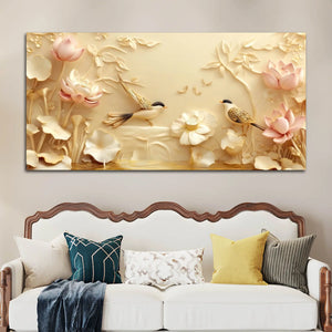 Serene Lotus Garden with Twin Songbirds 3D Canvas Wall Painting
